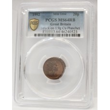 GREAT BRITAIN UK 1992 . TWENTY 20 PENCE . ERROR . STRUCK ON COPPER FLAN